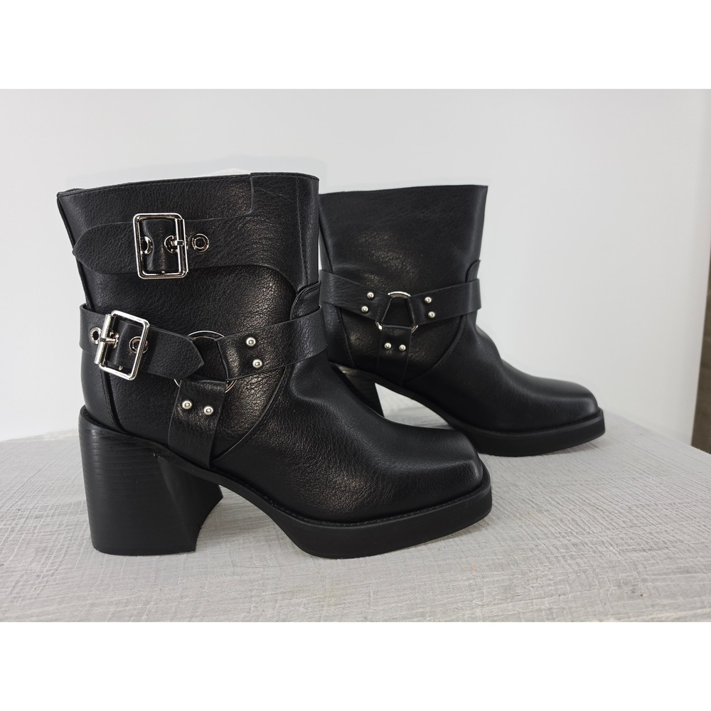 Azalea Wang Scooter Black Harness Buckle Moto Platform Block Heel Boots 9